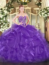 Designer Purple Lace Up Sweetheart Beading and Ruffles Sweet 16 Dresses Organza Sleeveless