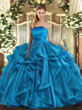 On Sale Sleeveless Floor Length Ruffles Lace Up 15th Birthday Dress with Baby Blue