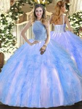 Edgy Baby Blue Ball Gowns Beading and Ruffles 15th Birthday Dress Lace Up Tulle Sleeveless Floor Length