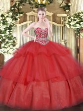  Sweetheart Sleeveless 15th Birthday Dress Floor Length Beading and Ruffled Layers Red Organza