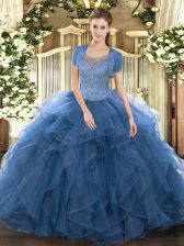 Delicate Beading and Ruffled Layers 15 Quinceanera Dress Teal Clasp Handle Sleeveless Floor Length