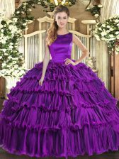 Traditional Eggplant Purple Lace Up Scoop Ruffled Layers 15th Birthday Dress Organza Sleeveless