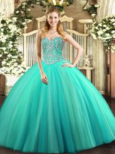  Floor Length Lace Up Quinceanera Gown Aqua Blue for Military Ball and Sweet 16 and Quinceanera with Beading
