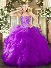 High End Purple Lace Up Sweetheart Beading and Ruffles Quinceanera Dresses Organza Sleeveless