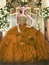 Affordable Brown Quinceanera Gown Military Ball and Sweet 16 and Quinceanera with Beading and Ruffles Strapless Sleeveless Lace Up