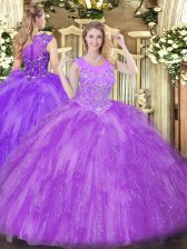  Lavender Ball Gowns Scoop Sleeveless Tulle Floor Length Zipper Beading and Ruffles Sweet 16 Dresses