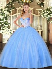 Discount Baby Blue Sleeveless Tulle Lace Up Ball Gown Prom Dress for Military Ball and Sweet 16 and Quinceanera