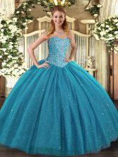 Romantic Teal Sleeveless Floor Length Beading Lace Up Vestidos de Quinceanera