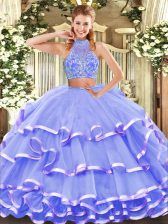  Floor Length Two Pieces Sleeveless Lavender Quince Ball Gowns Criss Cross