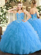 Glamorous Tulle Sweetheart Sleeveless Lace Up Beading and Ruffles Vestidos de Quinceanera in Aqua Blue
