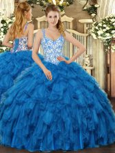  Straps Sleeveless Lace Up Quinceanera Dress Blue Organza