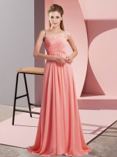 Fine Watermelon Red Prom Dresses Prom and Party with Ruching Spaghetti Straps Sleeveless Sweep Train Backless
