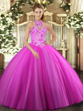 Sumptuous Fuchsia Ball Gowns Tulle Halter Top Sleeveless Embroidery Floor Length Lace Up 15 Quinceanera Dress