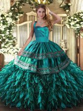 Modern Turquoise Sleeveless Embroidery and Ruffles Floor Length Quince Ball Gowns