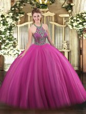 Extravagant Hot Pink Ball Gowns Beading Sweet 16 Quinceanera Dress Lace Up Tulle Sleeveless Floor Length