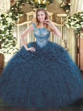  Beading and Ruffles Vestidos de Quinceanera Navy Blue Lace Up Sleeveless Floor Length