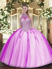 Tulle Halter Top Sleeveless Lace Up Beading and Appliques Quinceanera Dresses in Fuchsia