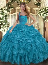 Adorable Teal Sleeveless Ruffles Floor Length Quinceanera Dresses