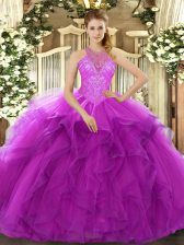 Dramatic Fuchsia Ball Gowns High-neck Sleeveless Organza Floor Length Lace Up Beading and Ruffles Quinceanera Gown