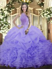 Discount Lavender Ball Gown Prom Dress Military Ball and Sweet 16 and Quinceanera with Beading and Ruffles and Pick Ups High-neck Sleeveless Lace Up