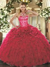  Beading and Ruffles 15 Quinceanera Dress Red Lace Up Sleeveless Floor Length