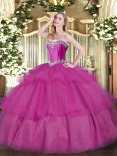  Fuchsia Tulle Lace Up Sweet 16 Quinceanera Dress Sleeveless Floor Length Beading and Ruffled Layers