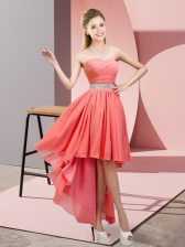 Sexy A-line Watermelon Red Sweetheart Chiffon Sleeveless High Low Lace Up