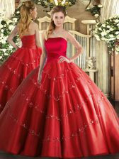  Red Quinceanera Dresses Military Ball and Sweet 16 and Quinceanera with Appliques Strapless Sleeveless Lace Up