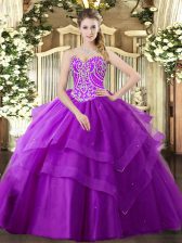 Nice Purple Lace Up 15 Quinceanera Dress Beading and Ruffled Layers Sleeveless Floor Length