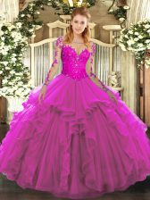 Exceptional Floor Length Lace Up Quince Ball Gowns Fuchsia for Military Ball and Sweet 16 and Quinceanera with Lace and Ruffles
