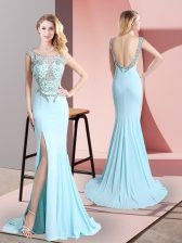  Aqua Blue Mermaid Chiffon Scoop Sleeveless Beading Backless Prom Dresses Sweep Train