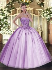 Latest Sleeveless Tulle Floor Length Lace Up 15th Birthday Dress in Lavender with Beading