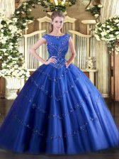  Blue Tulle Zipper Vestidos de Quinceanera Sleeveless Floor Length Beading and Appliques