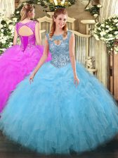  Floor Length Aqua Blue Sweet 16 Quinceanera Dress Scoop Sleeveless Lace Up