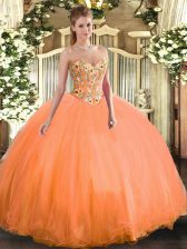 Stunning Orange Sweetheart Lace Up Embroidery Quince Ball Gowns Sleeveless