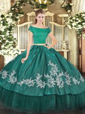  Floor Length Teal Sweet 16 Dresses Organza and Taffeta Short Sleeves Embroidery