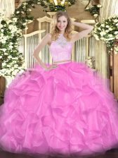  Rose Pink Scoop Neckline Lace and Ruffles Sweet 16 Dress Sleeveless Zipper