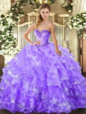 Top Selling Lavender Lace Up 15th Birthday Dress Beading and Ruffled Layers Sleeveless Floor Length