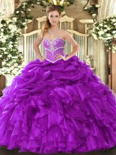  Purple Ball Gowns Beading and Ruffles and Pick Ups 15 Quinceanera Dress Lace Up Organza Sleeveless Floor Length