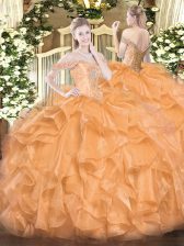  Orange Ball Gowns Beading and Ruffles Quince Ball Gowns Lace Up Organza Sleeveless Floor Length
