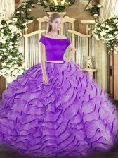  Lavender Short Sleeves Brush Train Appliques and Ruffles Quinceanera Gowns