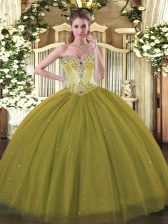  Olive Green Tulle and Sequined Lace Up Sweetheart Sleeveless Floor Length Ball Gown Prom Dress Beading