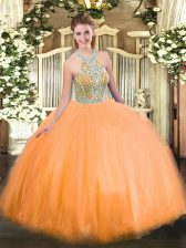  Orange Ball Gowns Halter Top Sleeveless Tulle Floor Length Lace Up Beading Quince Ball Gowns