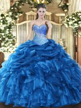  Blue Sleeveless Organza Lace Up Quinceanera Dress for Military Ball and Sweet 16 and Quinceanera