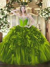 Pretty Organza Sweetheart Sleeveless Lace Up Beading and Ruffles 15th Birthday Dress in Olive Green