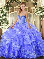  Blue Sleeveless Floor Length Beading and Ruffled Layers Lace Up 15th Birthday Dress