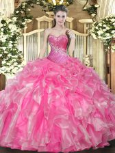 Customized Hot Pink Organza Lace Up Sweetheart Sleeveless Floor Length Vestidos de Quinceanera Beading and Ruffles