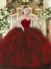 Wine Red Sweet 16 Dress Military Ball and Sweet 16 and Quinceanera with Ruffles Sweetheart Sleeveless Zipper