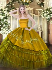 Spectacular Floor Length Zipper Ball Gown Prom Dress Brown for Military Ball and Sweet 16 and Quinceanera with Embroidery and Ruffled Layers