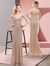 Designer Spaghetti Straps Sleeveless Sweep Train Beading Champagne Lace